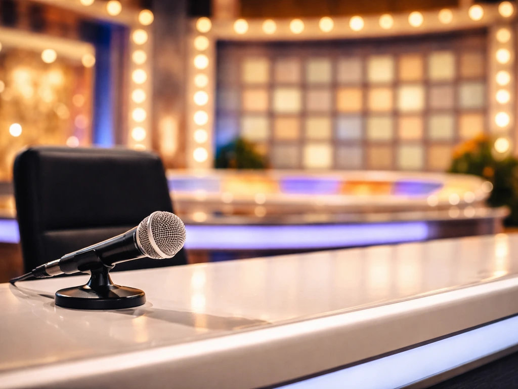 Empty Wheel of Fortune–style studio desk with a microphone and a golden checkered pattern backdrop