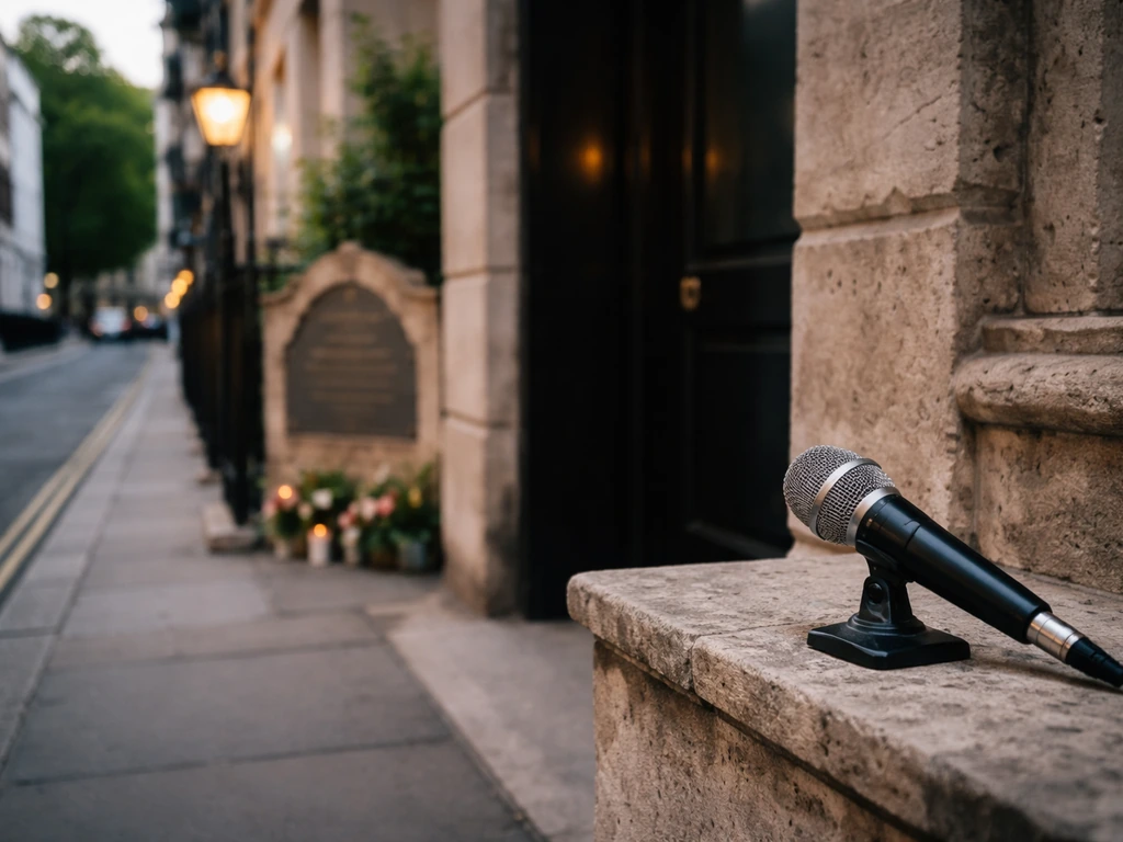 London street at dusk with a microphone and a plaque-like legacy cue, symbolizing celebrity wealth analysis.