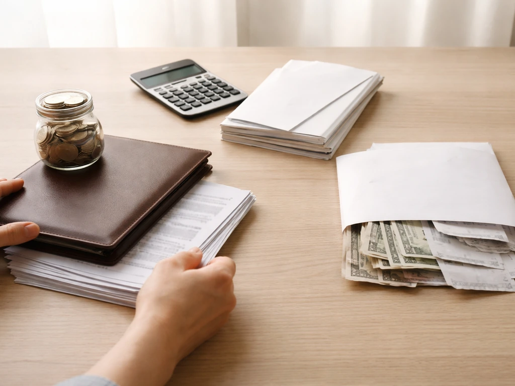 Minimal desk scene showing a calculator beside neatly stacked documents and a small envelope of cash