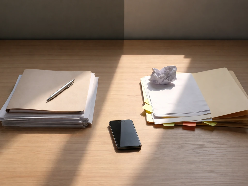 Minimal desk scene with two contrasting folders—one for documents, one for speculation—hinting evidence vs guesswork.