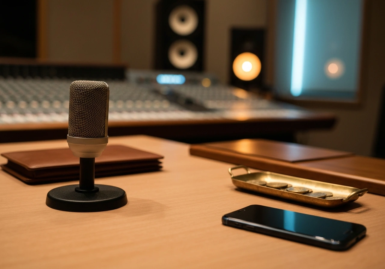 Minimal recording studio control room with a microphone and neat business items suggesting finance and music production.