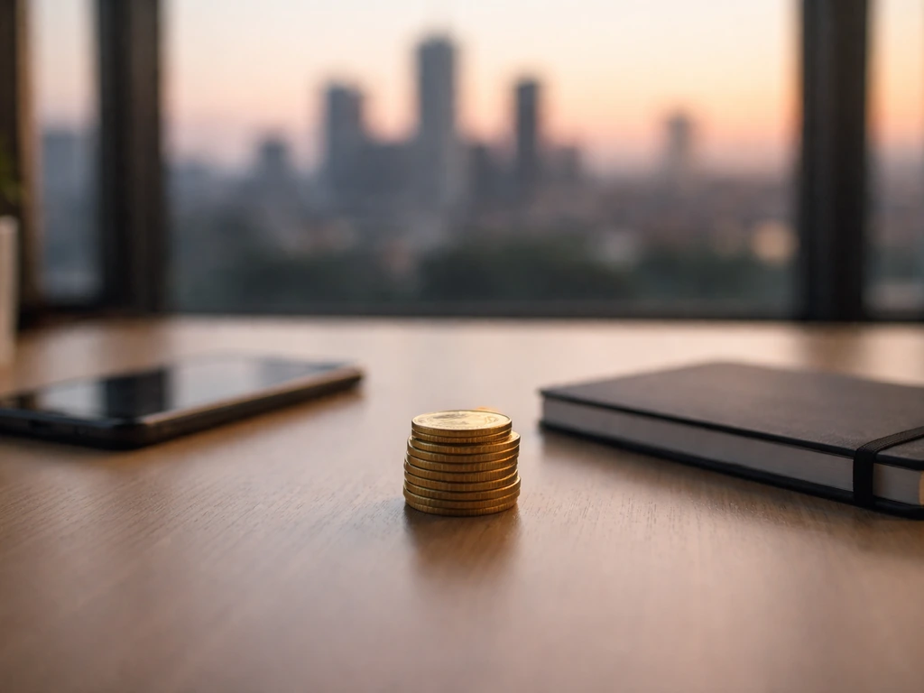 Minimal office desk scene with a single coin stack and blurred city skyline, symbolizing a net worth range.