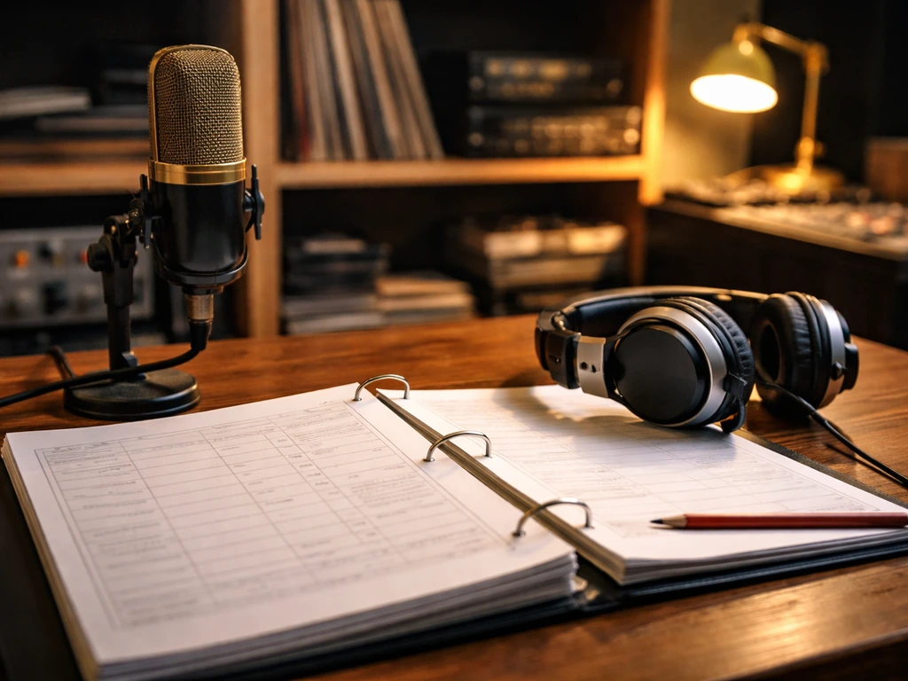 Recording studio desk with microphone, headphones, and music session paperwork symbolizing producer-related income