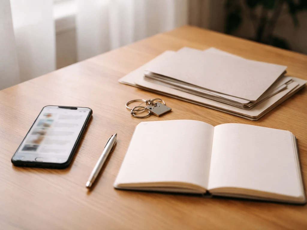 Minimal desk scene with phone, blank documents, and pen symbolizing a verification checklist.