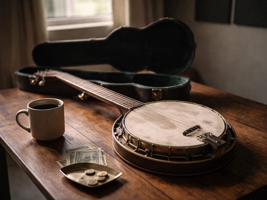 Tennessee-style music studio scene with a banjo on a wooden table beside cash, symbolizing income verification