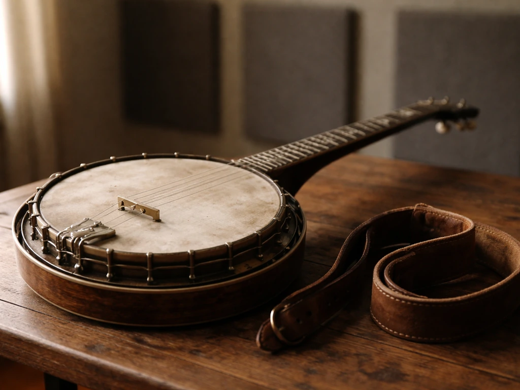 Warm-lit banjo on a studio table, symbolizing a Tennessee musician, with a softly blurred background.