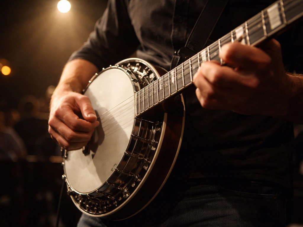 Banjo player on a small live stage under warm spotlight, with audience blur in the background