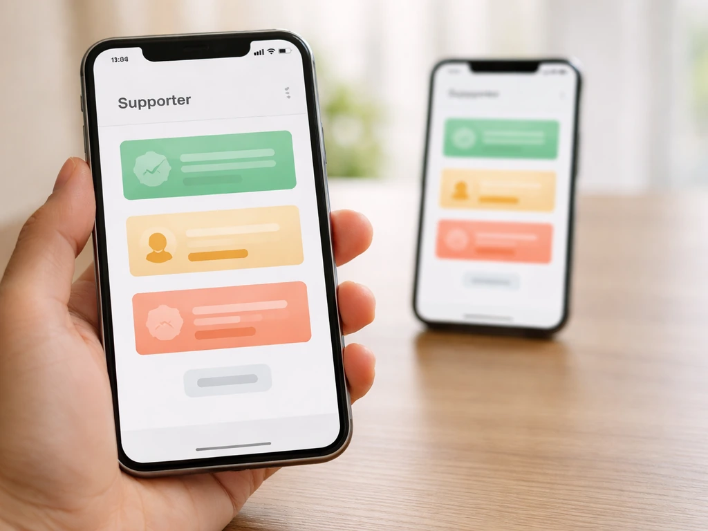 Hand holding a phone showing a generic supporter tiers page concept, with a second device on a desk.