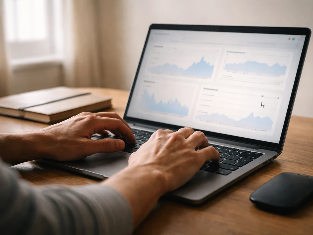 Person at a desk checking analytics on a laptop for verification of estimated earnings