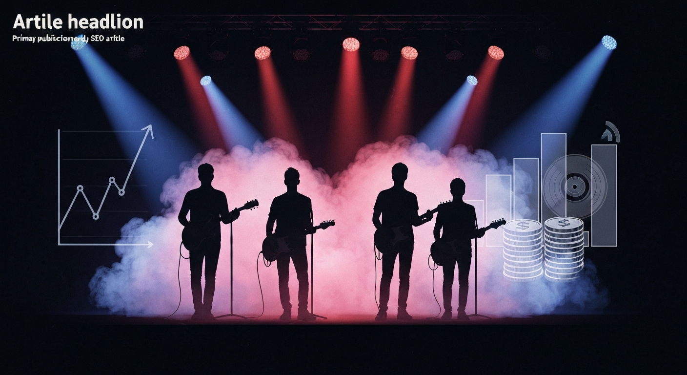 Stylized editorial illustration of four anonymous band silhouettes onstage under moody indigo and crimson lights, with translucent financial graphics (line chart, bars, streaming icons) integrated into the scene; space left for headline.