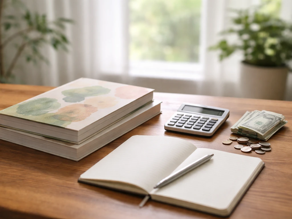Minimal photo of a wellness cookbook and notebook beside a calculator and cash in soft natural light
