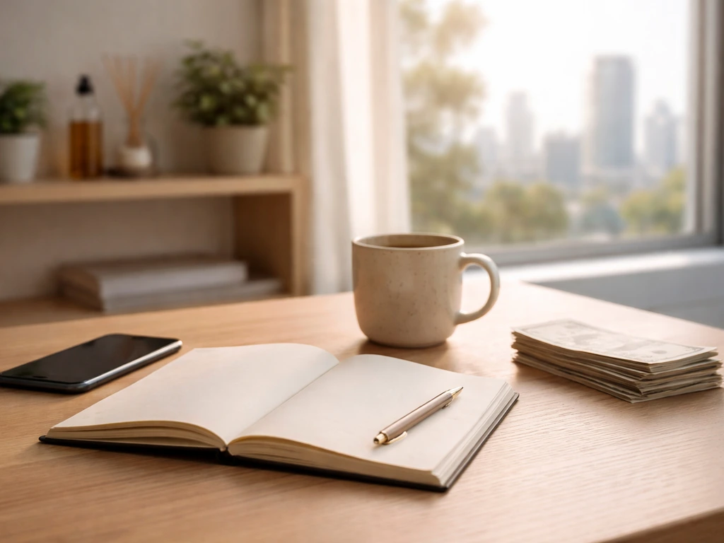 Minimal lifestyle desk scene with a notebook, smartphone, and cash-styled objects suggesting net worth curiosity