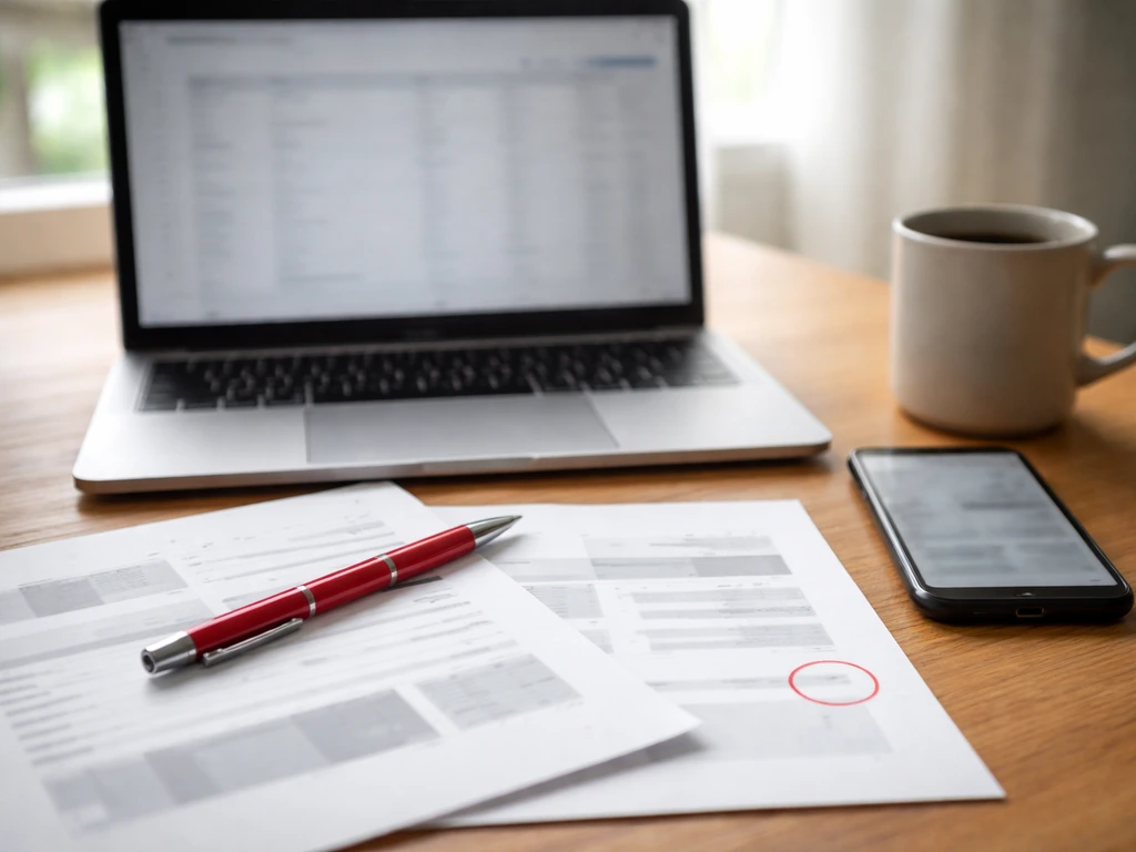 Minimal desk scene with a laptop and papers suggesting online net worth estimate ranges without any text.