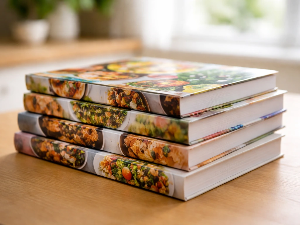 Close-up of glossy cookbook spines and covers stacked neatly on a wooden table