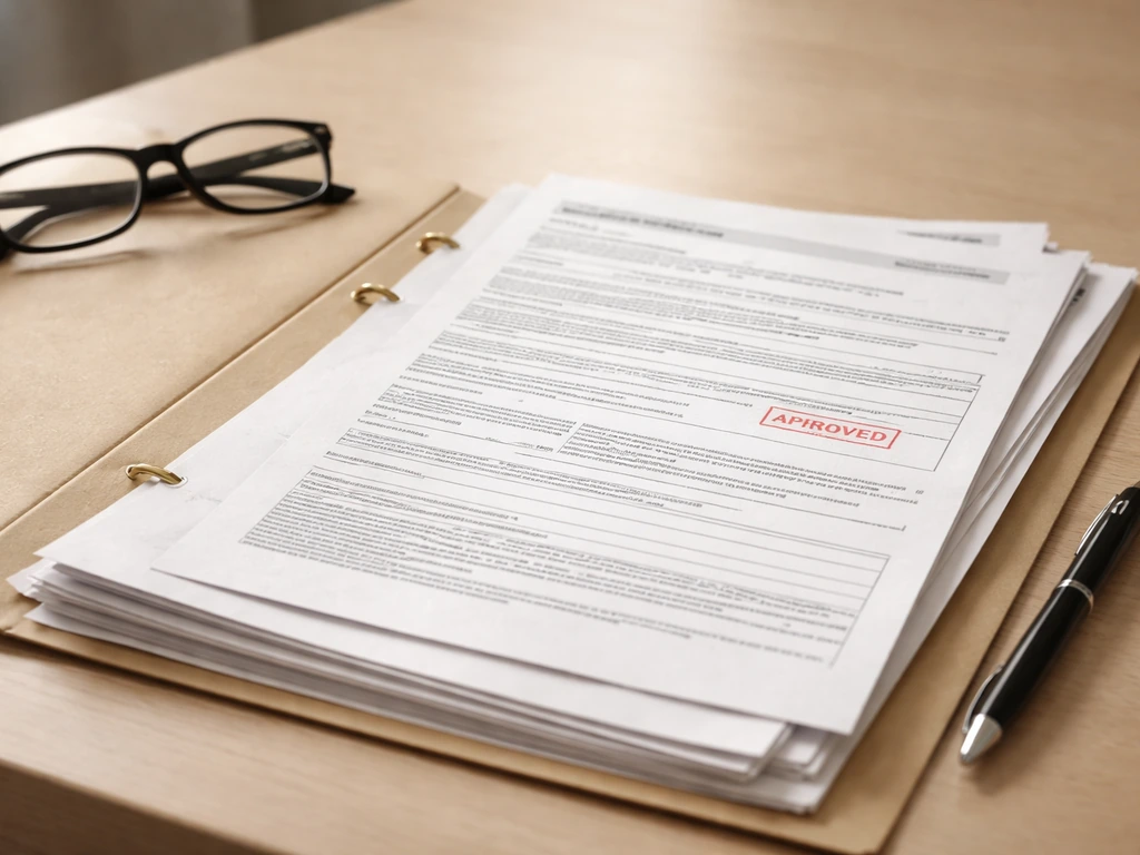Open folder of official company registry paperwork with a pen and glasses on a quiet desk.