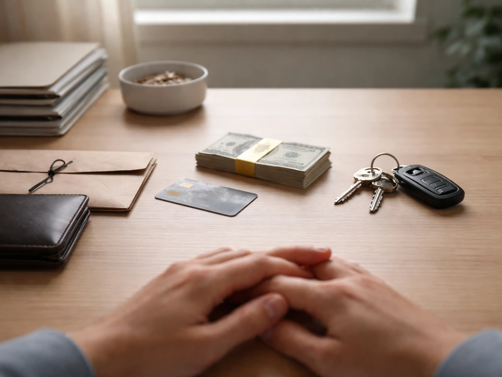 Minimal desk scene with money, keys, a notebook, and a sealed envelope representing assets and liabilities.