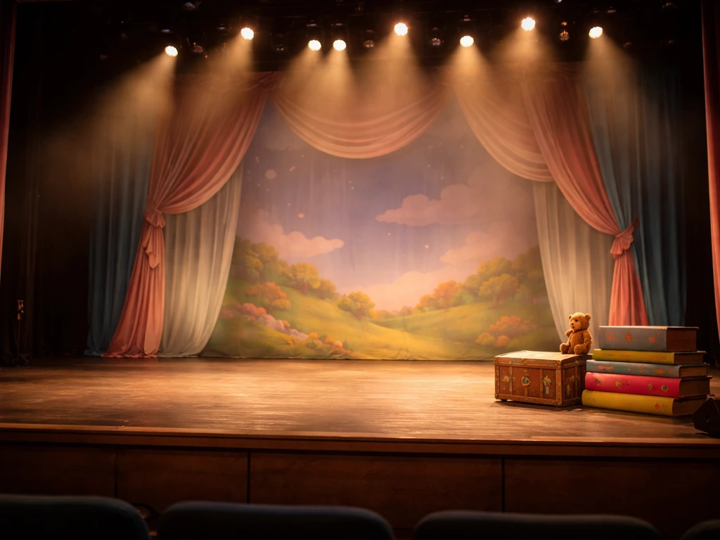 Empty West End theatre stage with warm spotlights and a stage prop set for a family musical.