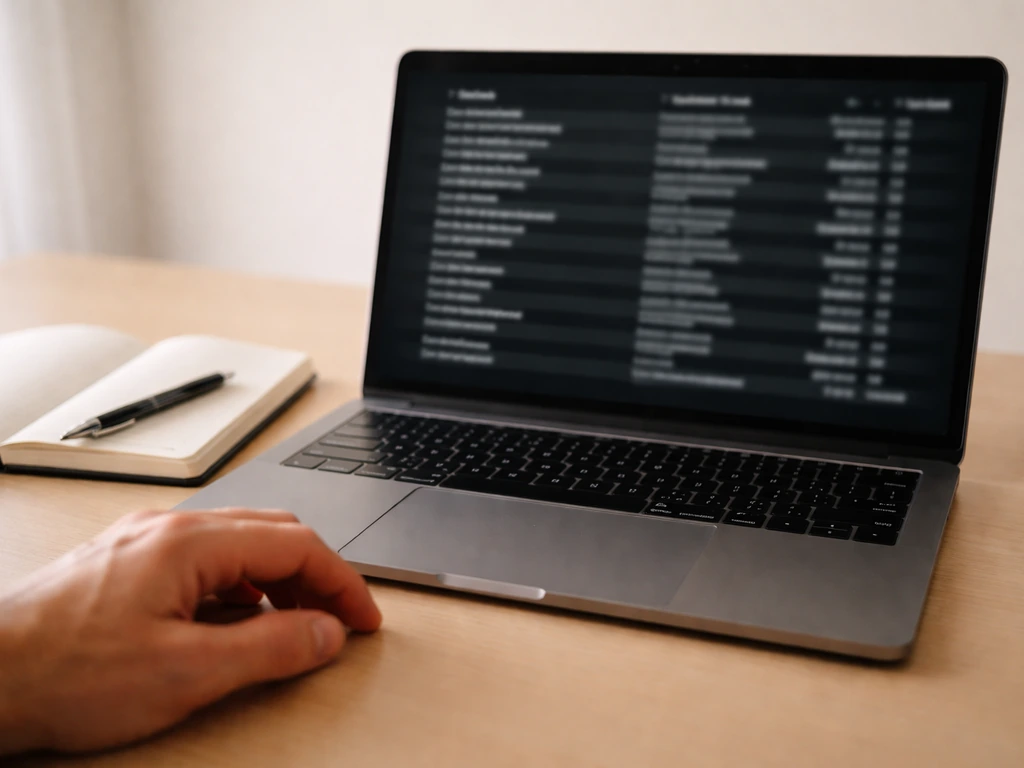 Close-up of a laptop showing a generic media credits list, with a notebook and pen nearby.