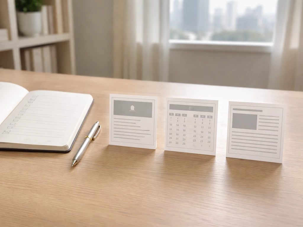 Minimal office scene with a notebook checklist and blank source icons for research steps.