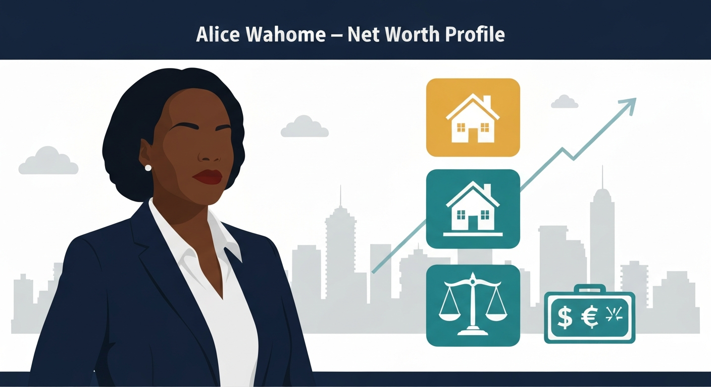 Infographic header showing a generic female professional silhouette, Nairobi skyline, icons for property, law practice and Kenyan shillings — header image for Alice Wahome net-worth profile.