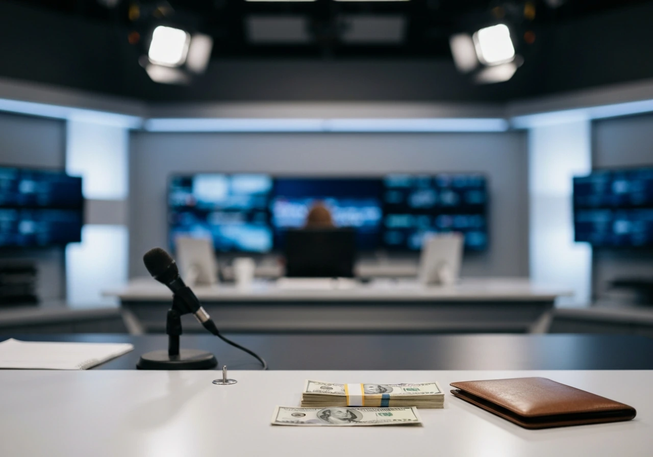 Minimal TV newsroom studio shot with an anchor desk, microphone, and blurred monitors, no people or text.
