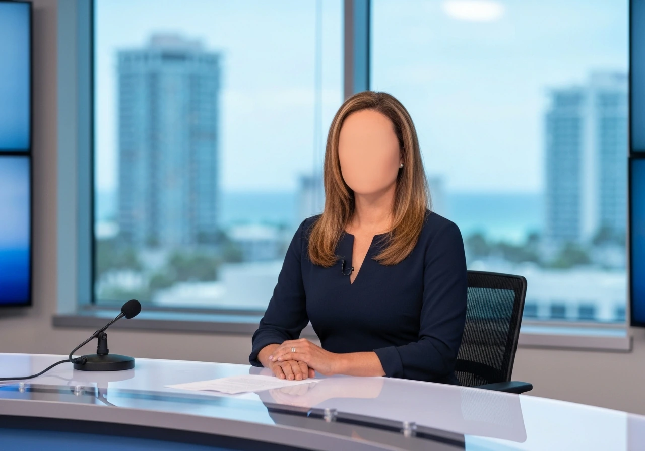 Television news set with an anonymous female anchor at a desk, microphone, and subtle coastal skyline backdrop.