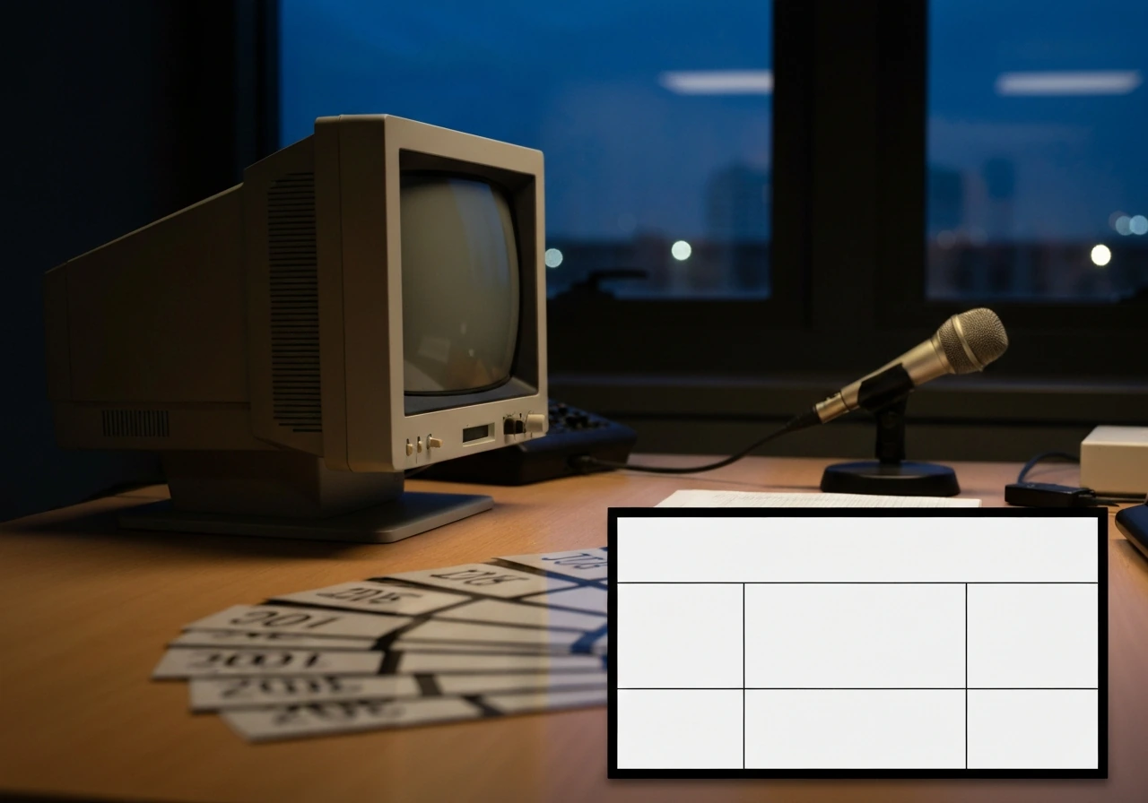 Quiet TV newsroom desk with microphone and layered blank timeline-style cards beside an unlit monitor.