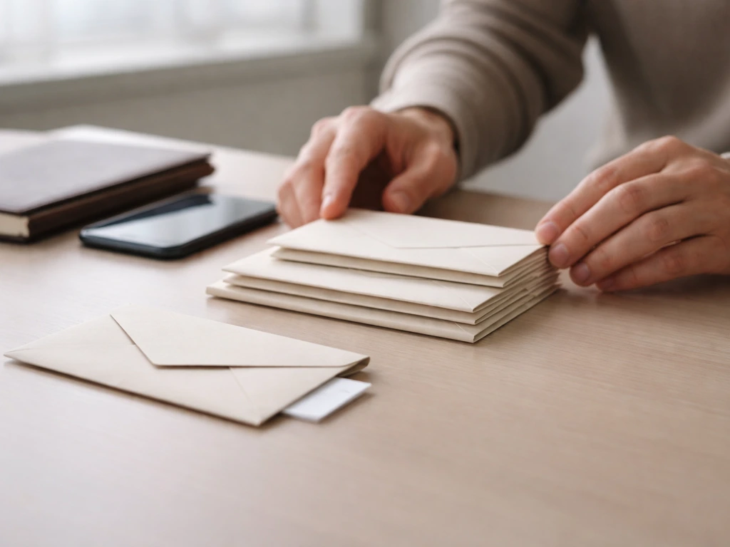 Minimal photo of an unlabeled money ledger with a blurred hand and a range of envelopes suggesting uncertainty.