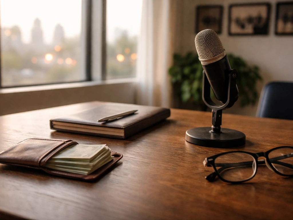 Minimal photo of a sleek entertainment office desk with cash envelope and microphone, symbolizing an actress’s net worth