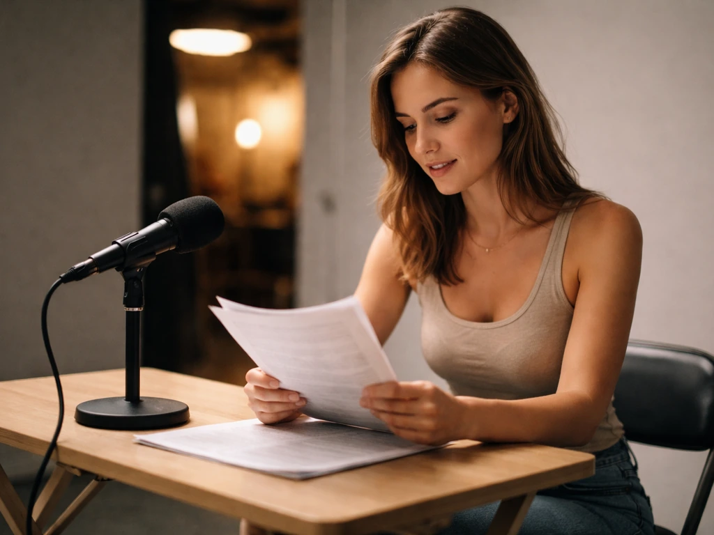 Anonymous actress seated at a TV studio desk with a script and studio lights in the background.