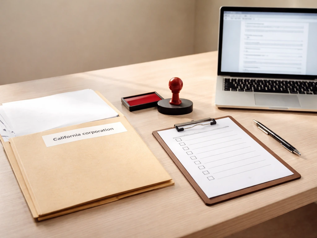 Minimal desk setup with a corporate registration folder, checklist, stamp, and laptop showing generic fields.