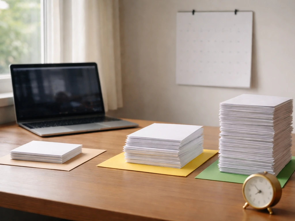 Minimal desk scene with blank envelopes, a closed laptop, and a clock suggesting career phases over time.