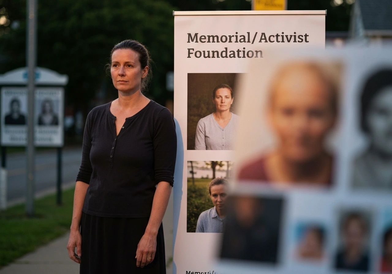 A solemn woman stands beside a memorial banner for an activist foundation in soft evening light.