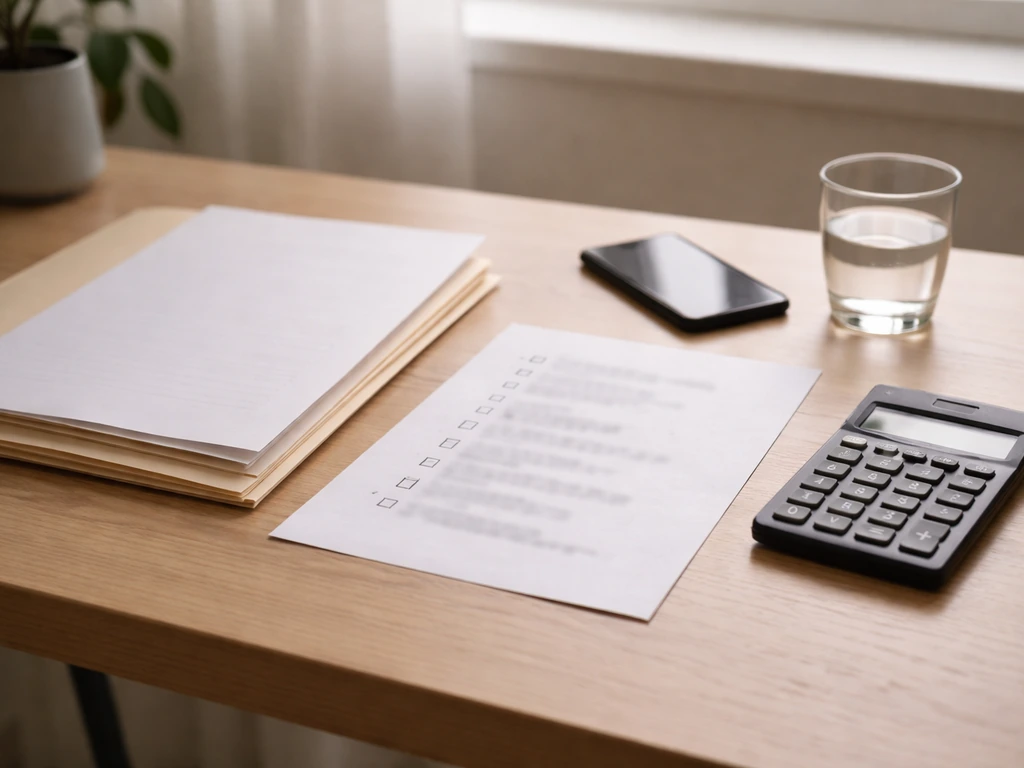 A minimalist desk scene with nonprofit paperwork and a calculator, suggesting net worth estimate calculations.