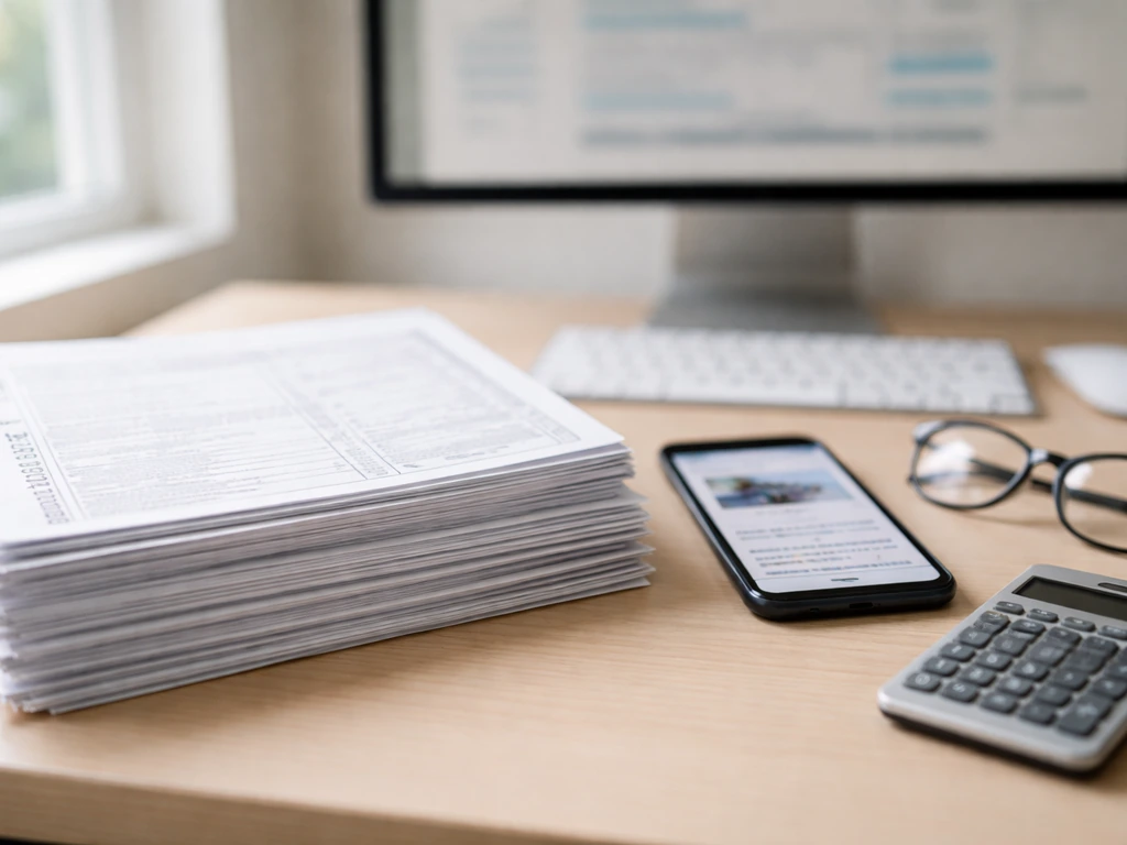 Close-up of Form 990-style documents and a phone on a desk, suggesting verifying nonprofit financial estimates.