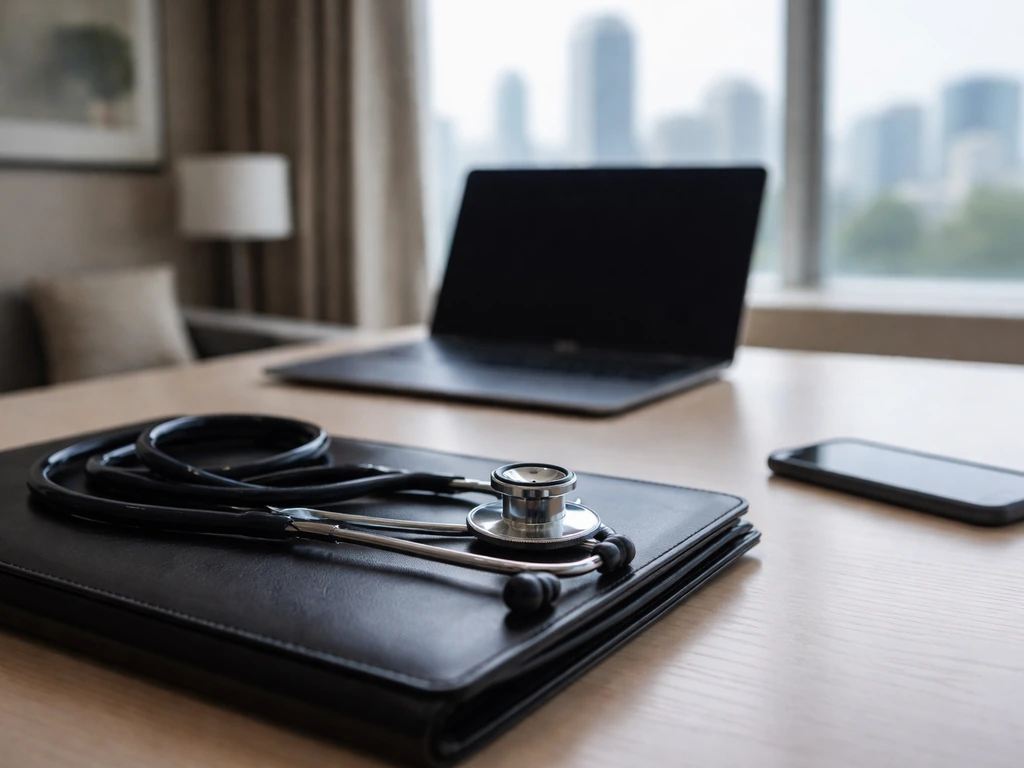 Calm office scene with a stethoscope and laptop, symbolizing psychiatric leadership and verified analysis