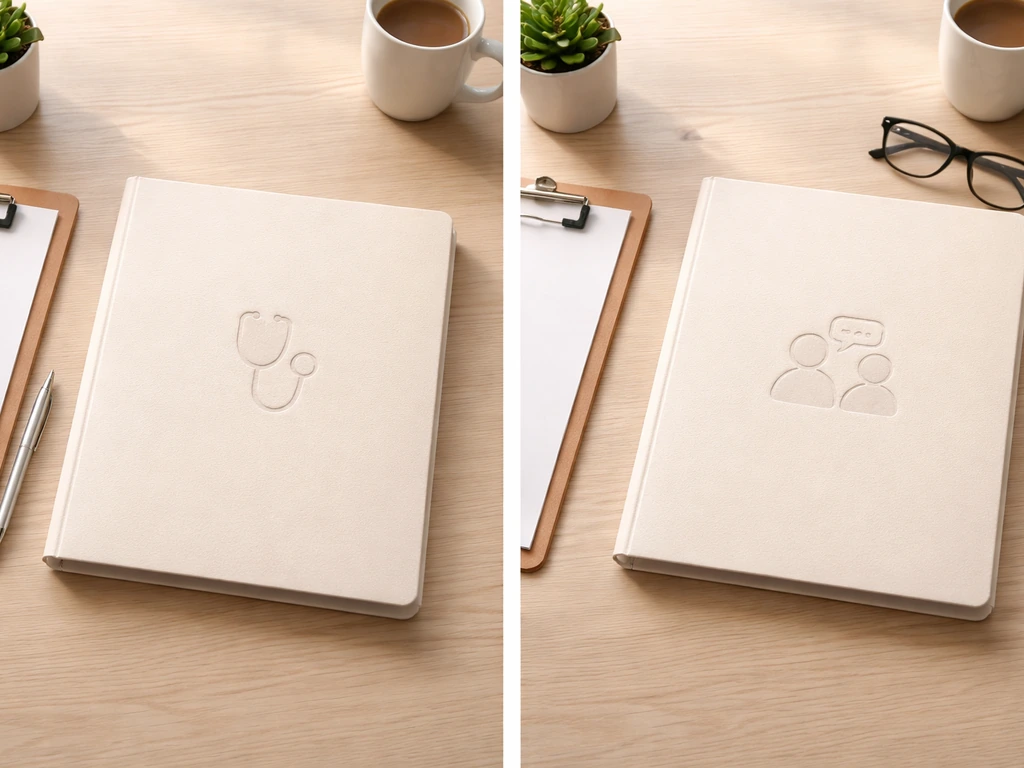 Two side-by-side folders labeled by category, showing different healthcare credentials without names or text.
