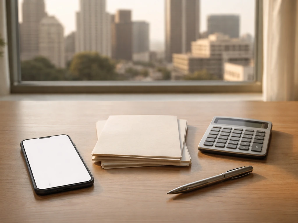 Minimal desk scene with calculator, blank phone screen, and papers suggesting a proxy-based estimate workflow.