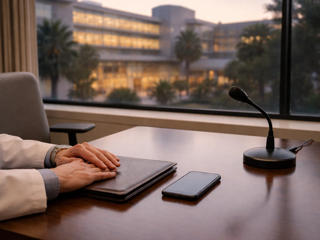Quiet executive office with a calm modern desk setup beside an abstract hospital exterior view at dusk.