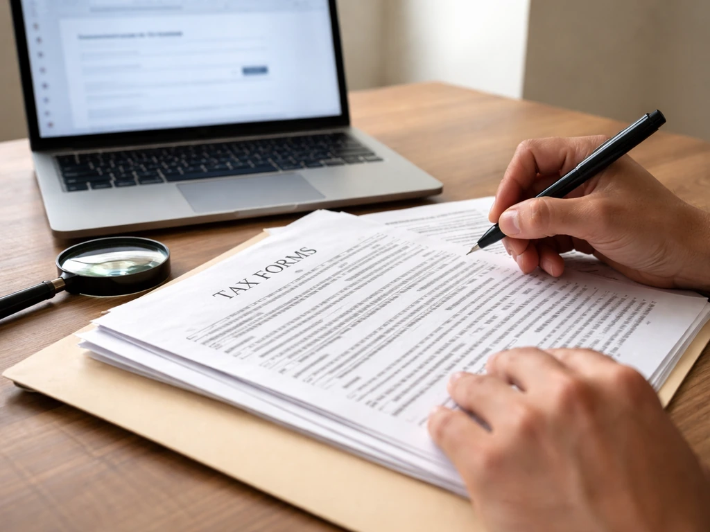 Close-up of hands reviewing printed IRS-style nonprofit documents with a laptop open to records search