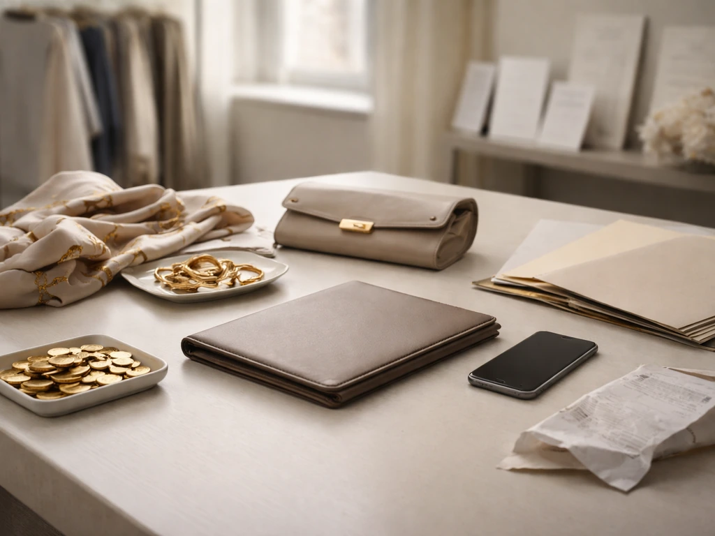Fashion PR-style desk with luxury accessories and scattered documents, symbolizing assets vs liabilities