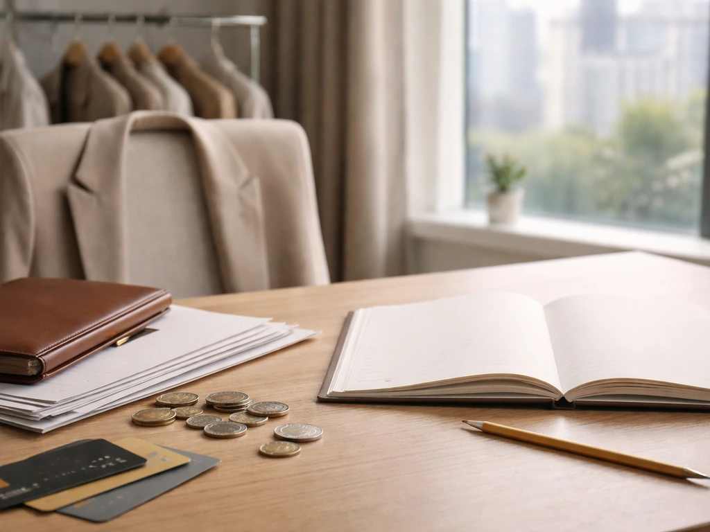 Fashion PR office desk with coins, blank documents, and a notebook symbolizing assets and liabilities.