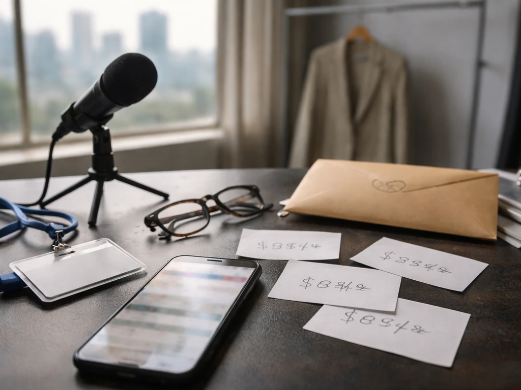 Candid desk scene with a blurred phone and mismatched number cards suggesting varying net worth estimates.