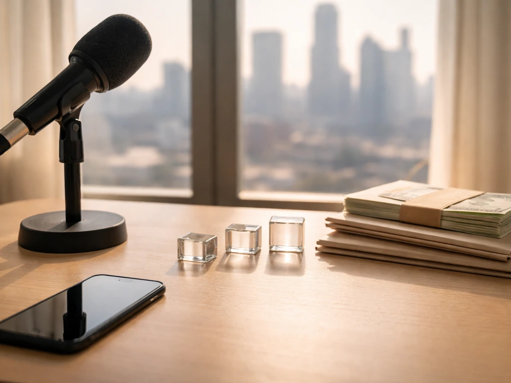 Minimal media/PR office desk with microphone, documents, and subtle indicators of relative standing.