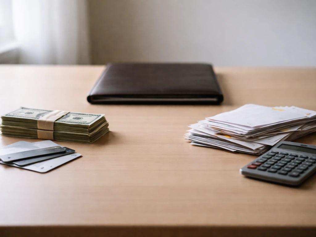 Minimal desk scene with scattered cash, cards, and a closed folder beside a calculator showing assets vs debt concept.