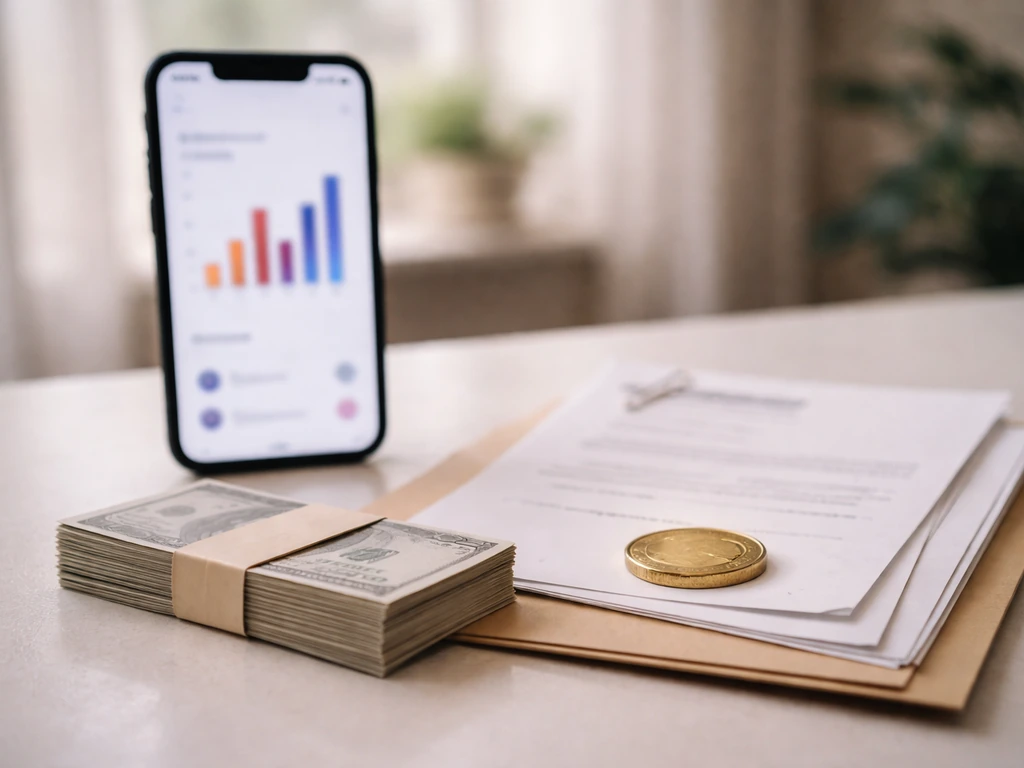 Close-up of a smartphone with abstract analytics, plus coins and blank contract papers on a desk
