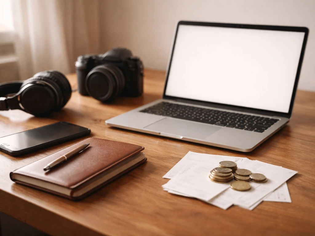 Minimal creator desk with camera, laptop, blank receipts, and coins suggesting expenses and taxes.